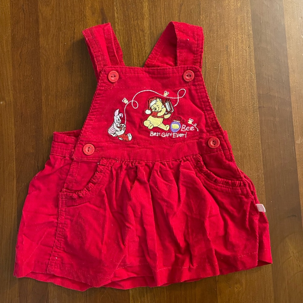 Vintage Winnie the Pooh Disney Red Corduroy Christmas Dress 0-3 Month Baby Girl